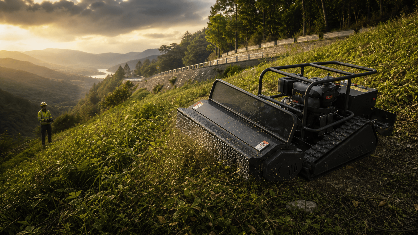 Remote control slope mower configured for professional vegetation management