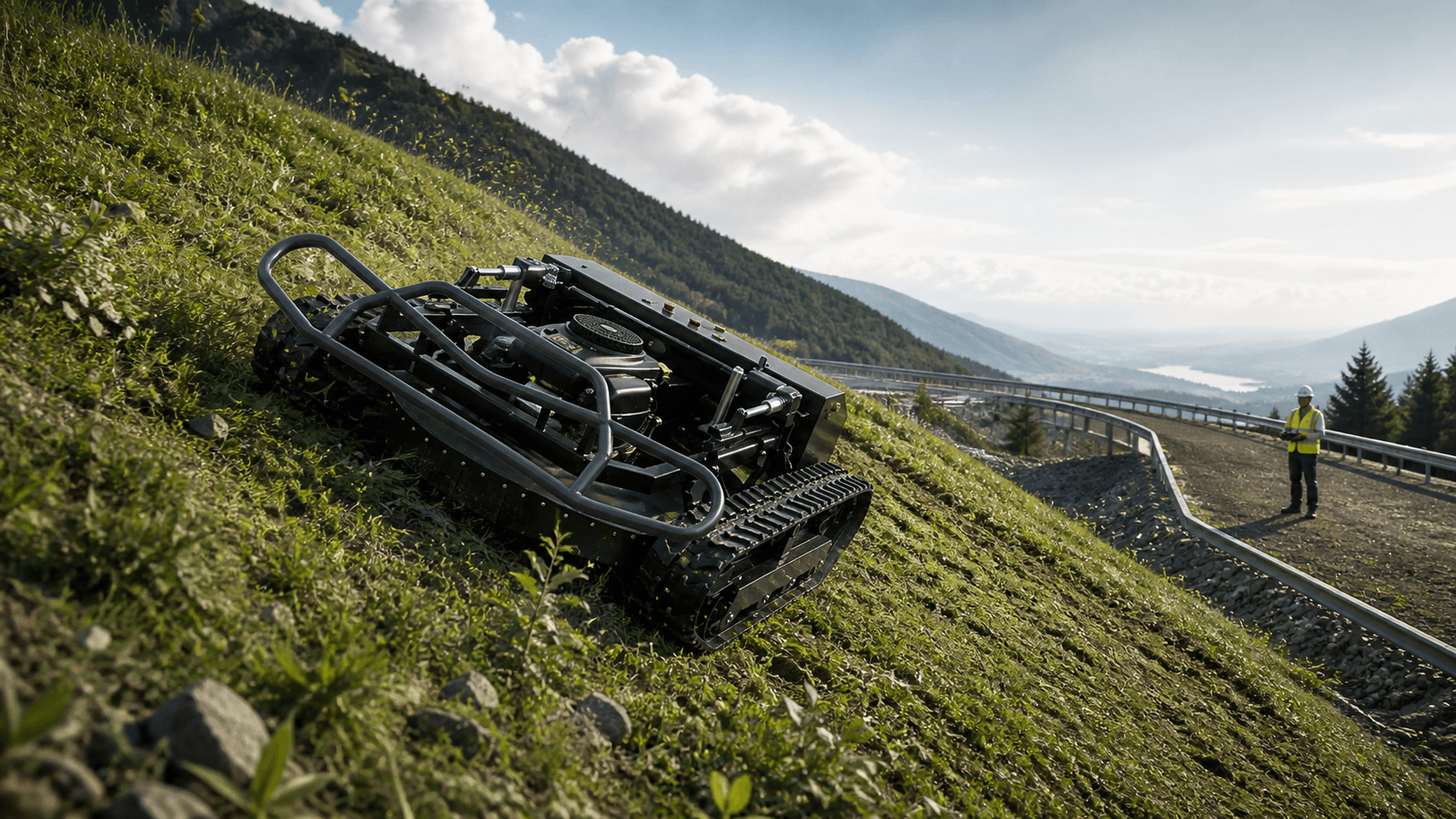 TOMAI tracked mower working on a slope