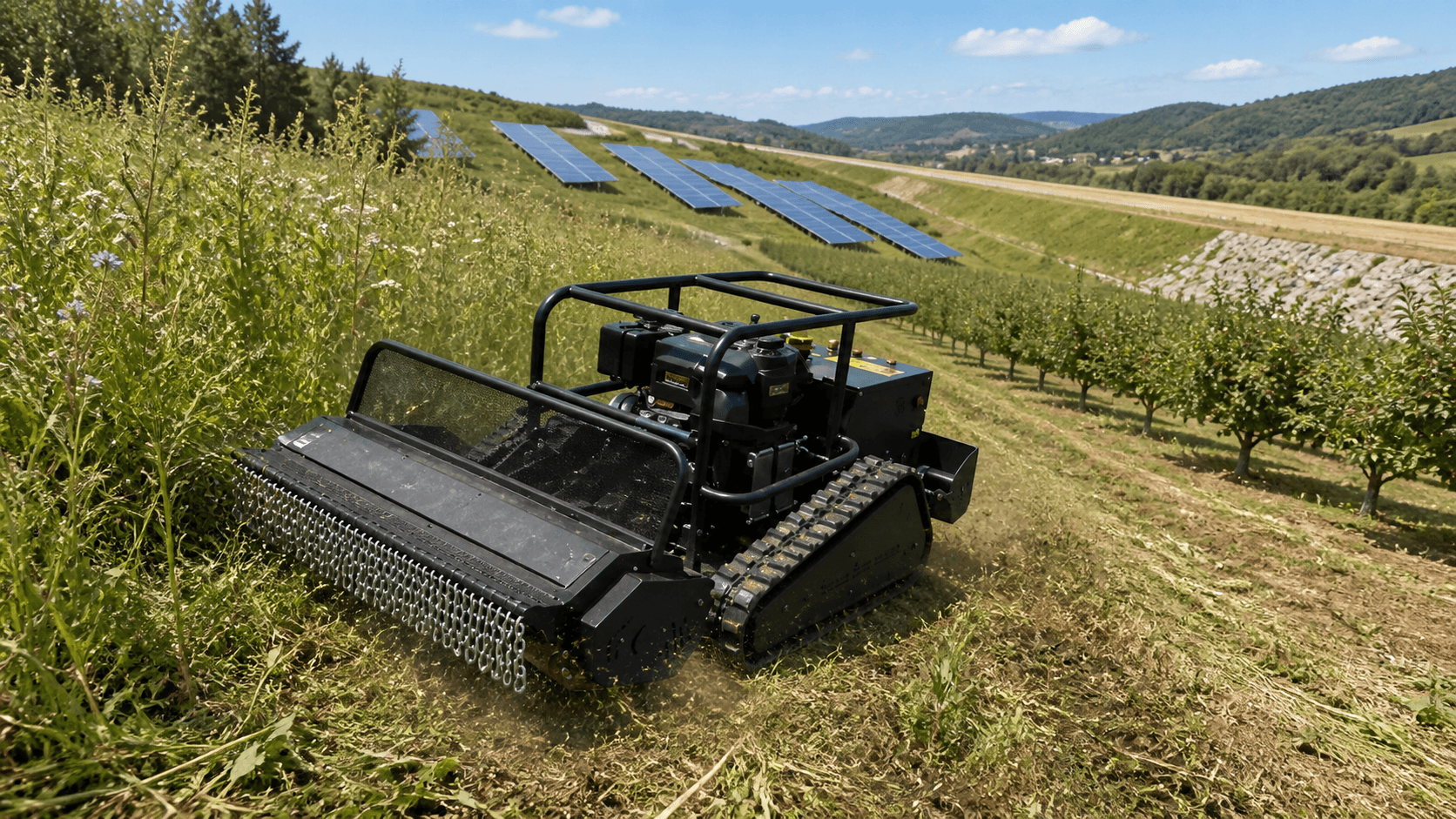 Remote mower application around solar farm terrain